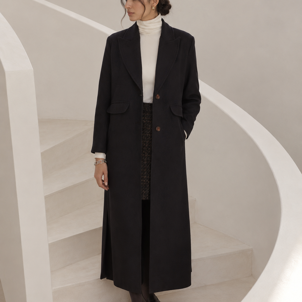 A woman stands on a white spiral staircase wearing a long burgundy coat over a white turtleneck sweater, a dark patterned skirt, and black loafers.