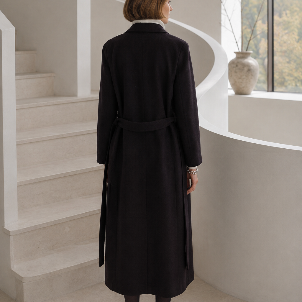 A woman viewed from behind wearing a long burgundy Alicia maxi coat with a matching waist tie, standing in a minimalist modern interior with a curved staircase and large window.
