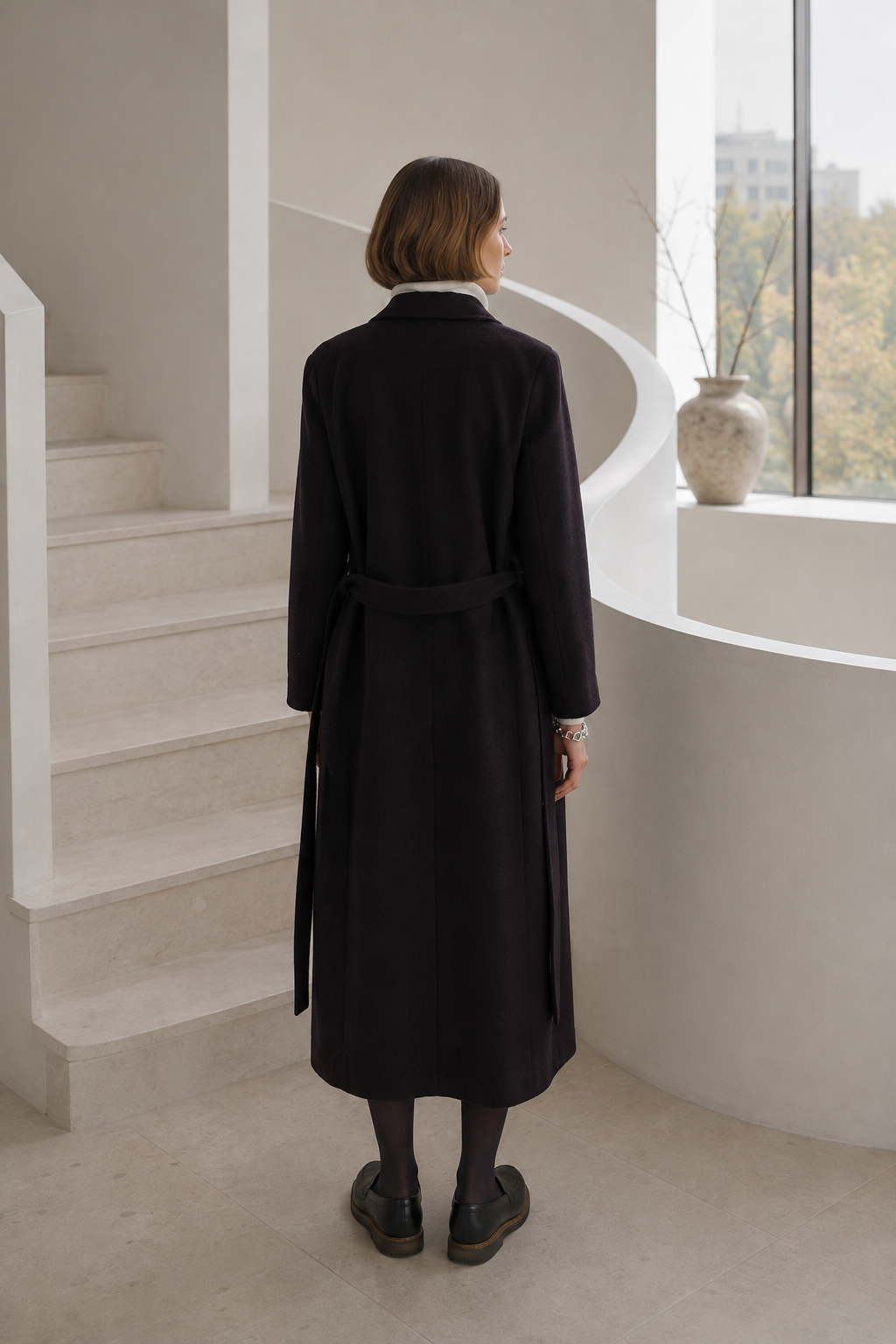 A woman viewed from behind wearing a long burgundy Alicia maxi coat with a matching waist tie, standing in a minimalist modern interior with a curved staircase and large window.