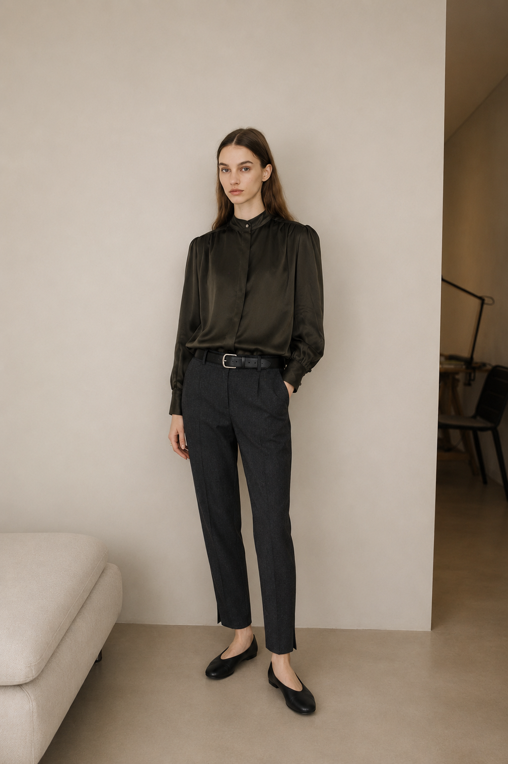 Silk Nada Shirt with Puffed Sleeves - Olive Green