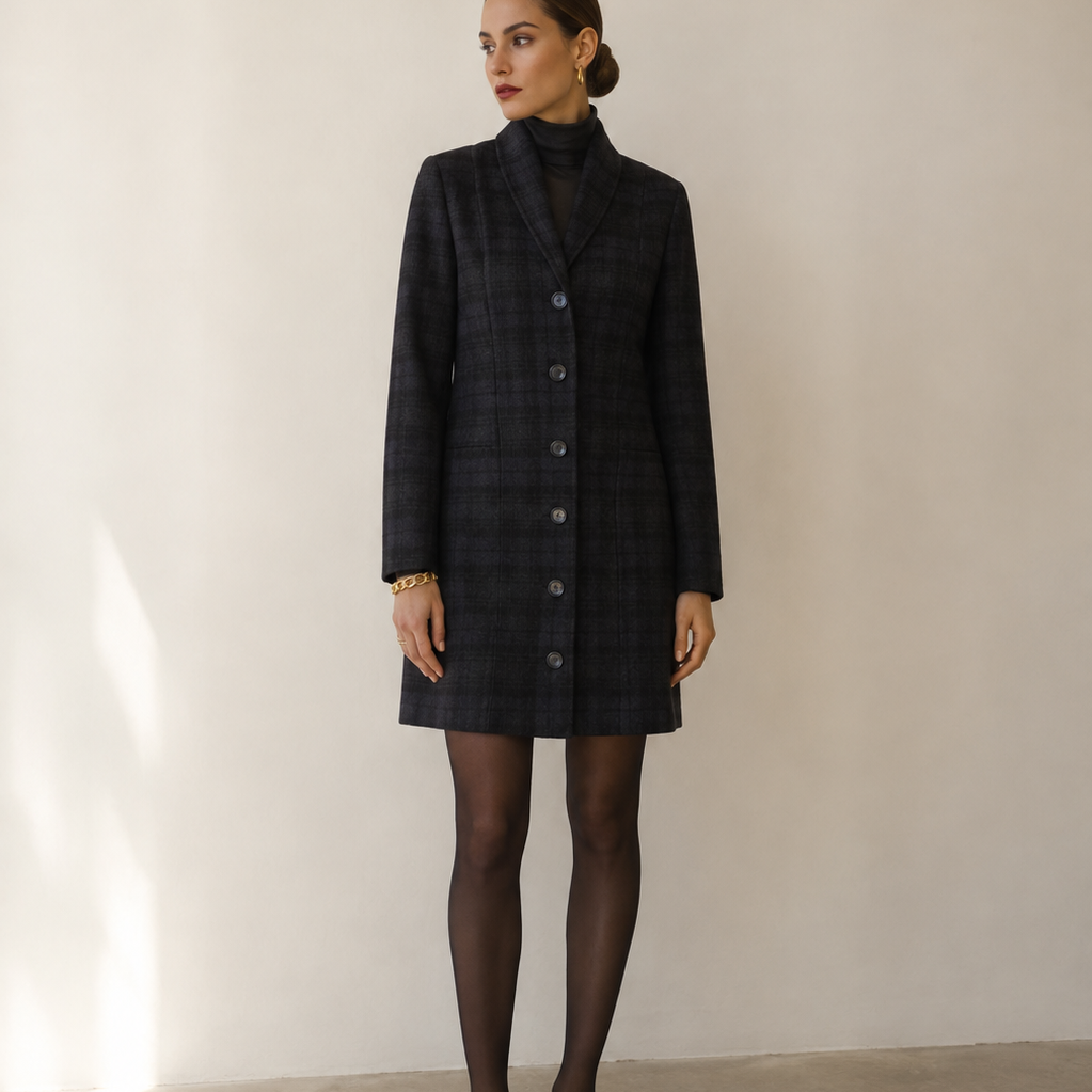 A woman stands in a minimalist studio wearing a dark navy and black plaid coat over a black turtleneck, paired with black tights and pointed black heels.
