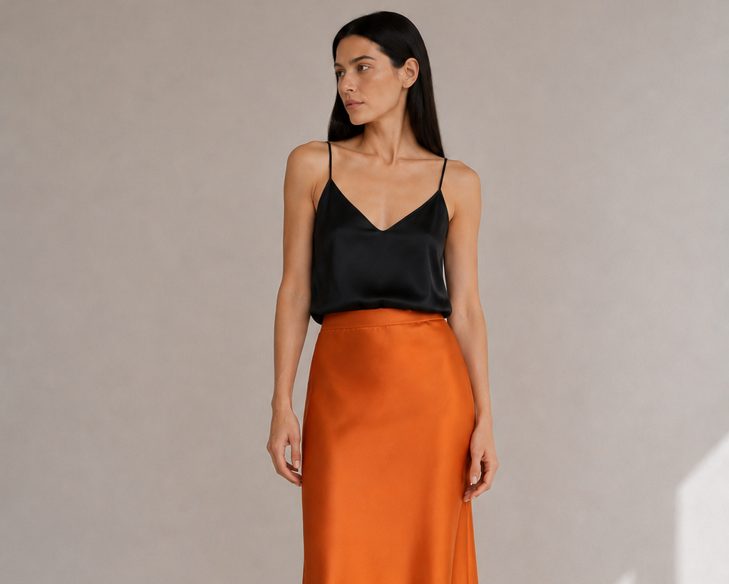A woman wearing a black satin camisole top and a high-waisted orange satin midi skirt, paired with black heeled sandals, in a minimalist studio setting.