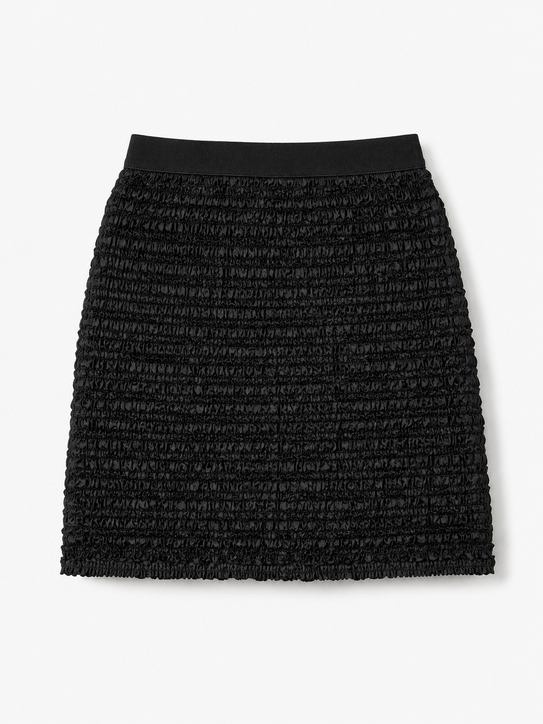 Lizzie black textured tweed mini skirt with a solid black waistband, shown flat against a light gray background.