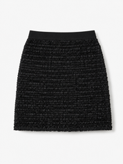 Lizzie black textured tweed mini skirt with a solid black waistband, shown flat against a light gray background.