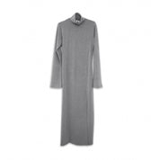 A long-sleeve, high-neck maxi dress in heather gray, displayed on a ghost mannequin against a plain white background.