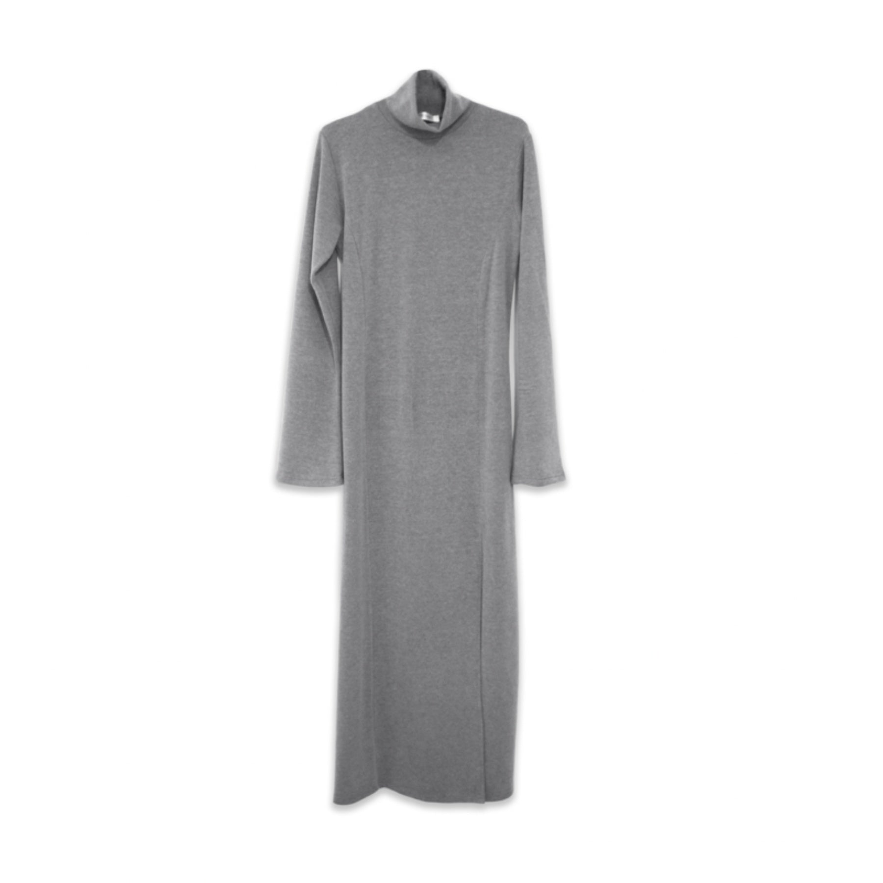 A long-sleeve, high-neck maxi dress in heather gray, displayed on a ghost mannequin against a plain white background.