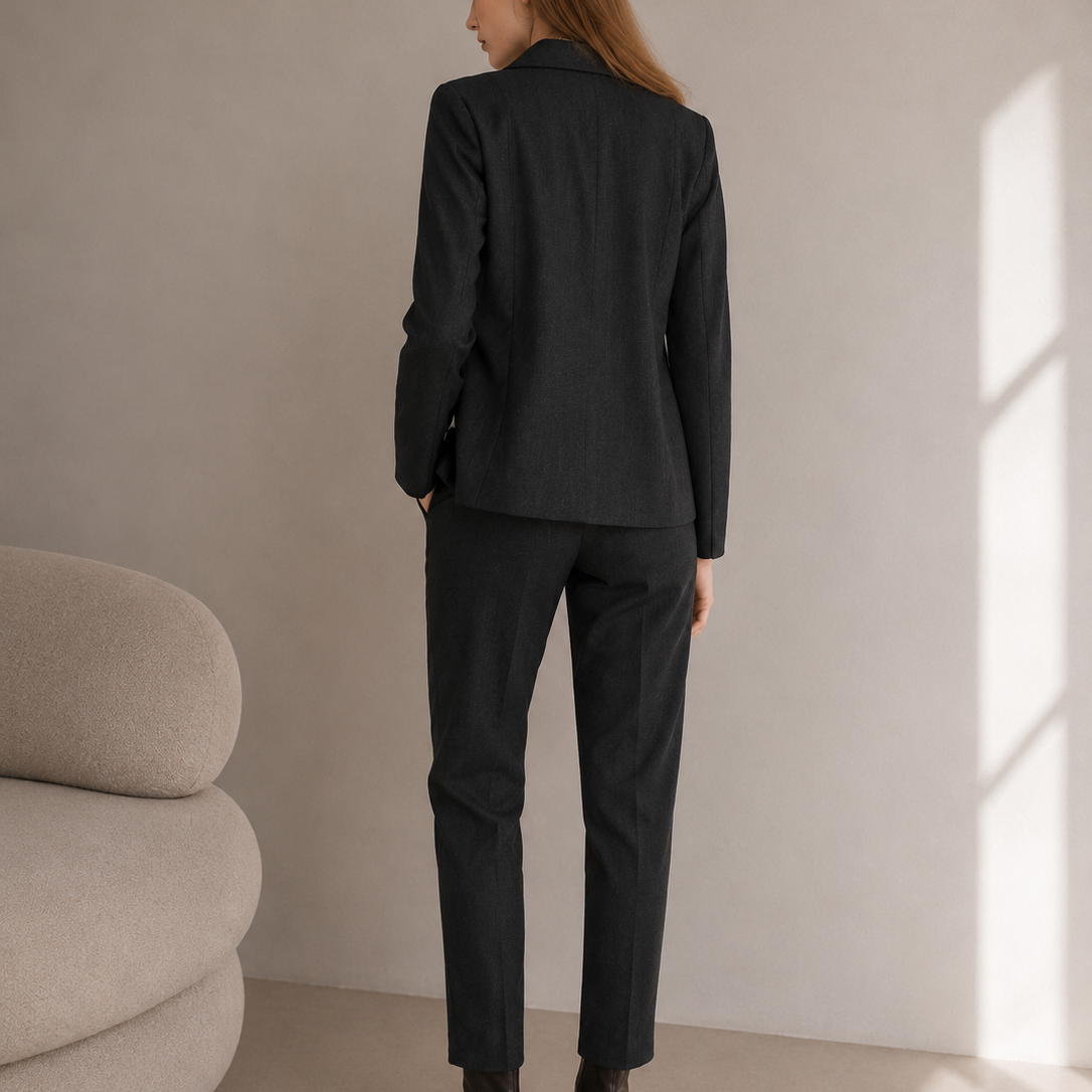 Woman wearing a dark grey suit standing in a minimalistic room with a beige sofa and light-colored wall.