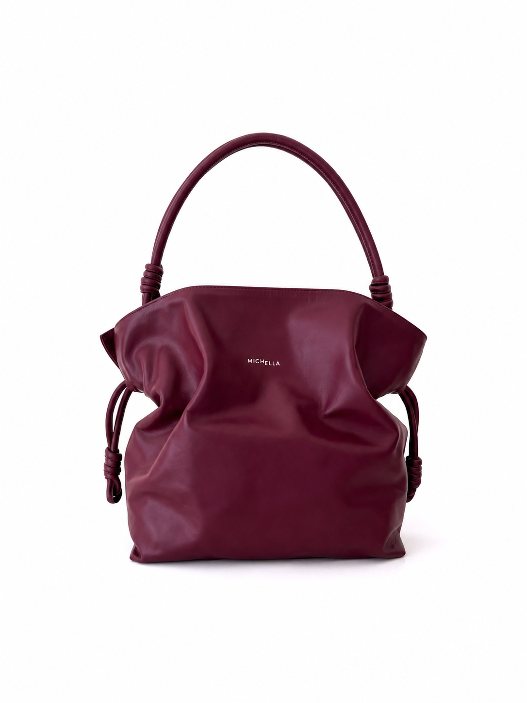 Burgundy handbag with 'Michella' branding on a white background