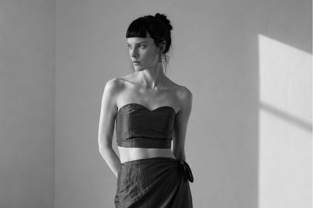 A woman stands in a minimalist studio corner wearing a dark strapless bandeau-style top and a matching dark wrap-style midi skirt with side ties, paired with heeled sandals.