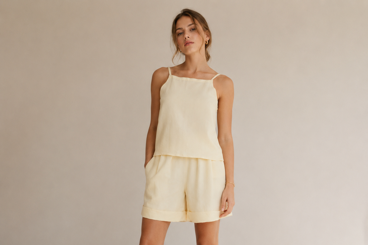 A woman stands barefoot in a minimalist studio setting wearing a light cream two-piece linen set consisting of a sleeveless camisole top and matching shorts.