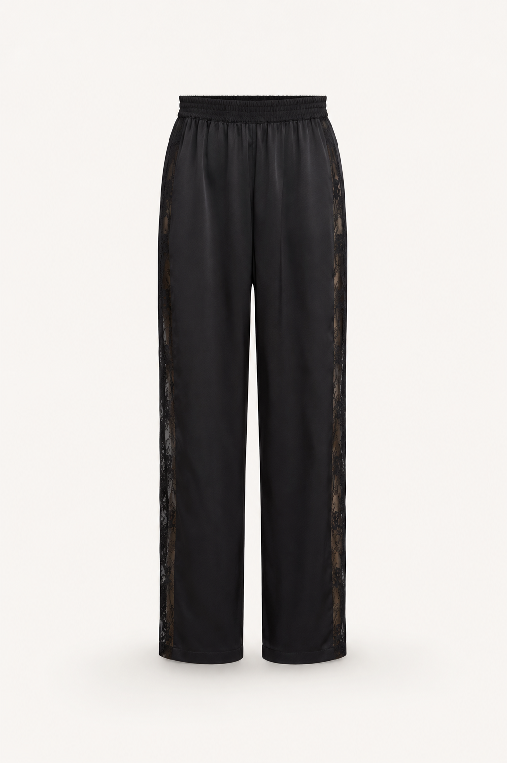 Black wide-leg silk trousers with sheer lace side panels, shown against a plain light background.