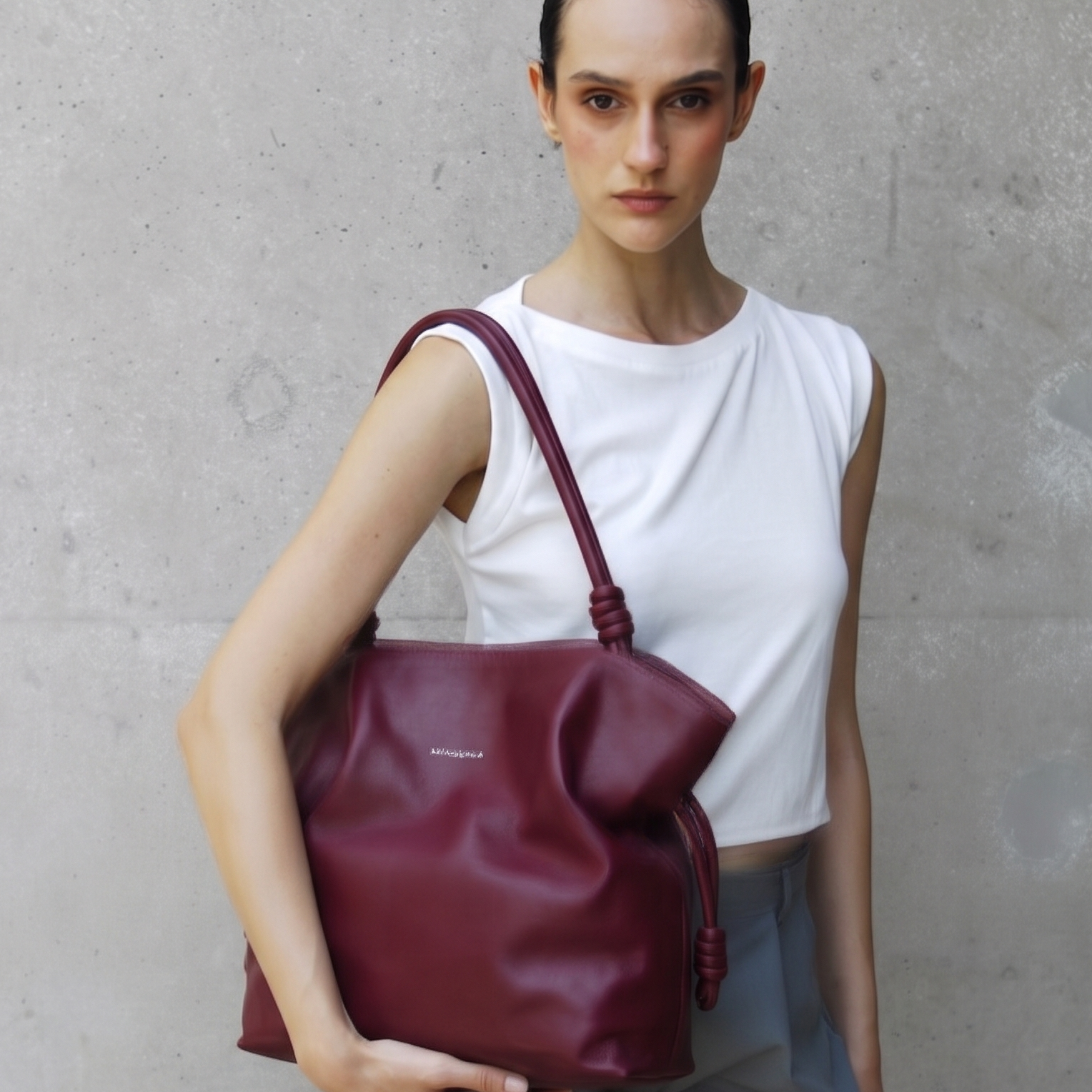 Woman holding Rumi burgundy handbag against a gray concrete wall