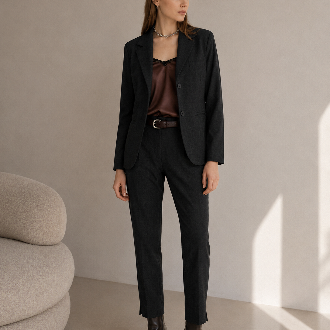 Woman wearing a grey suit with a brown top in a minimalistic room.